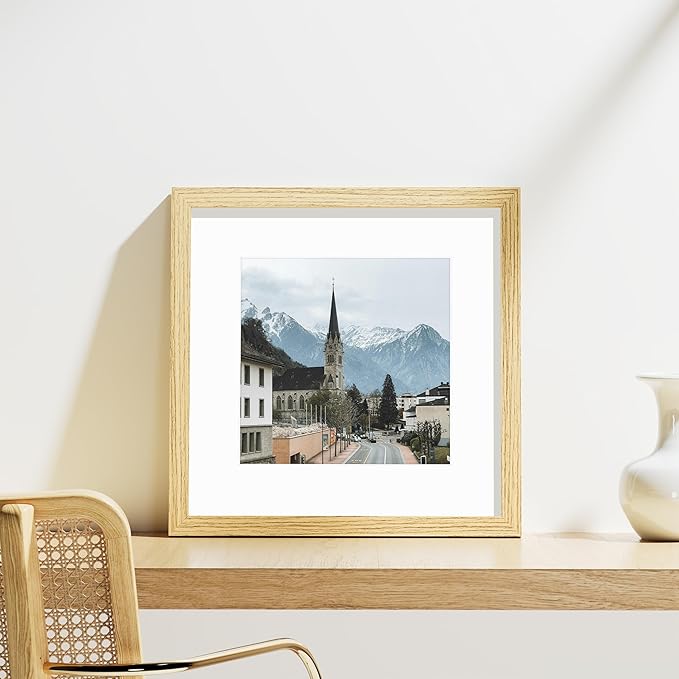 Vittanly 12x12 Picture Frames Set of 9, Shatter Resistant Plexiglass, Display 8x8 Pictures with Mat or 12x12 without Mat, Photo Frames for Wall Mount, Engineered Wood, OAK