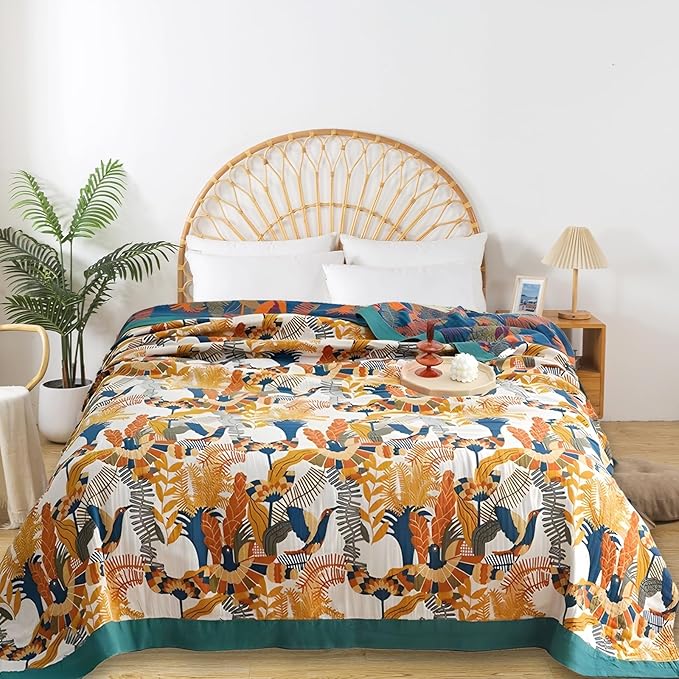 Boho Throw Blanket for Bed - 100% Pure Cotton Ultra Soft Rustic Quilt - Farmhouse Decor Bed Blankets, All Season Rustic Throw for Sofa Couch Chair(80''x 90'', Floral Bird)