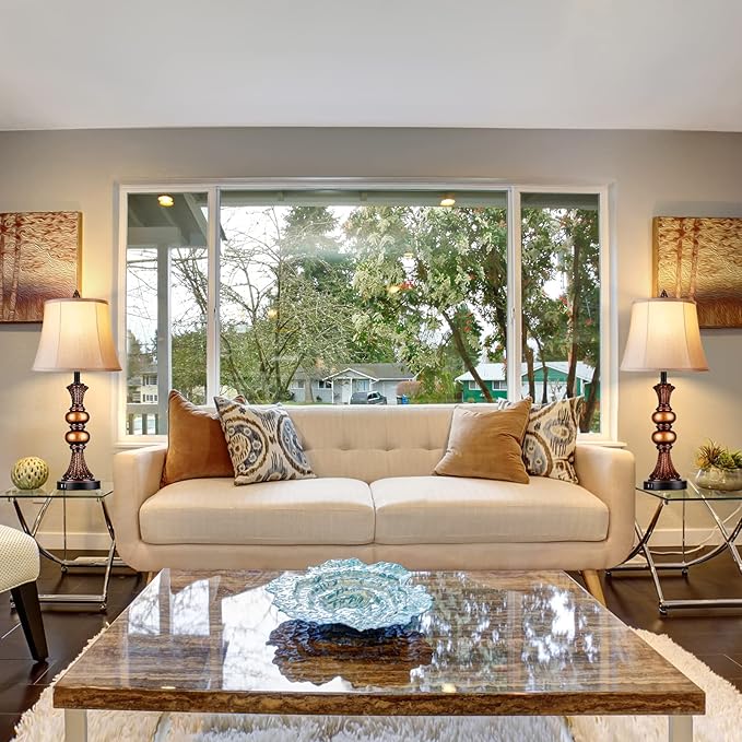 Set of 2 Touch Control Traditional Table Lamp, 27" H Bedside Lamps with 2 USB Charging Ports, 3-Way Dimmable Bronze Finish Large Nightstand Lamps with Bell Faux Silk Shade for Living Room, Bedroom