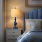 QiMH Farmhouse Table Lamp Set of 2, Rustic Table Lamps for Living Room, Vintage Nightstand Lamp with Rotary Switch, Beside Lamps for Bedroom, Traditional Table Lamps with Linen Shade, Blue