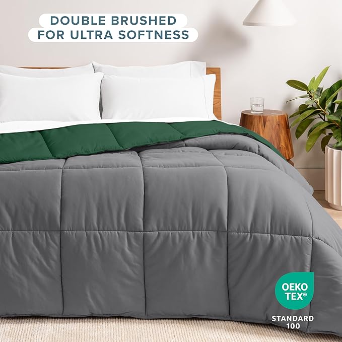 Bare Home Full Comforter - Reversible Colors - Goose Down Alternative - Ultra-Soft - Premium 1800 Series - All Season Warmth - Bedding Comforter (Full, Grey/Forest Green)