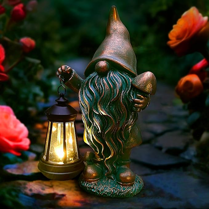Gnomes Garden Statue Outdoor Décor with Solar Lights Lantern,Gnome Solar Light Figurines Outside Decorations for Yard，Lawn Patio, Balcony, Unique Housewarming Gifts