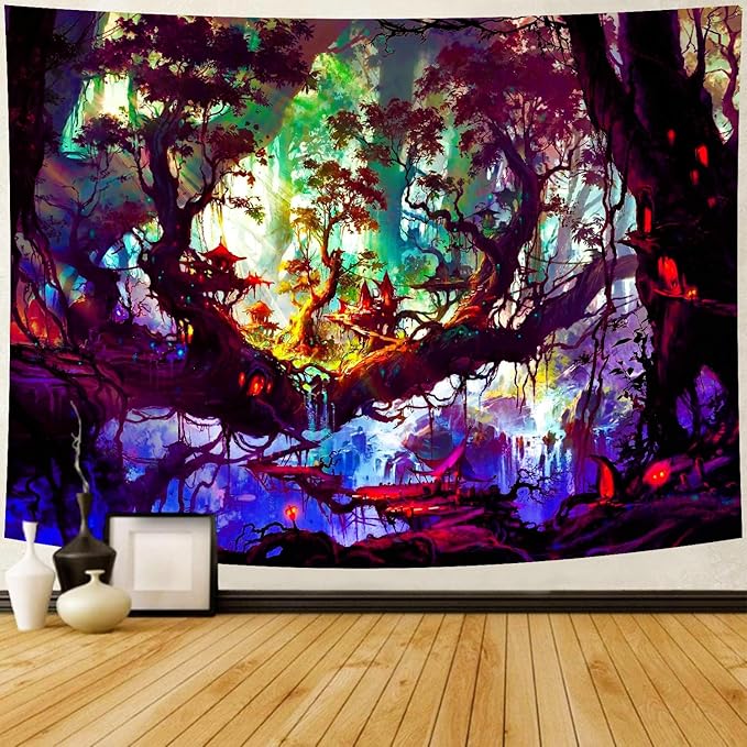 Delur Fantasy Forest Tapestry Mystical Landscape Magical Enchanted Forest Tree Nature Tapestry Psychedelic Wall Hanging Headboard for Bedroom Living Room Home Decor (59.1" x 78.7")