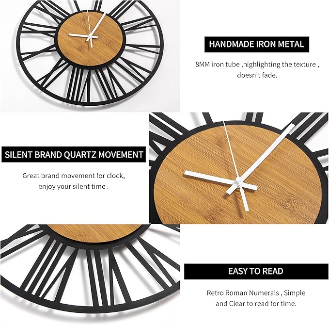 1st owned Wall Clocks for Living Room Decor,24" Vintage,Round Silent Non Ticking,Black Metal,Modern Wood Clocks for Home Bedroom,Kitchen,Garden,Office,Cafe,Modern Wall Decoration -Roman Numerals