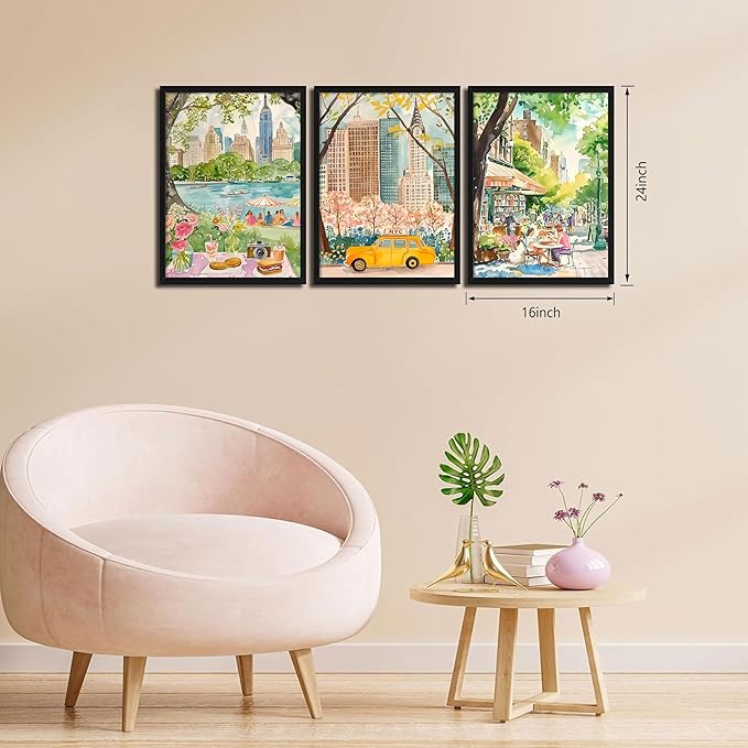 MUWAK Framed New York City Canvas Wall Art Set of 3 – Colorful NYC Skyline Central Park Yellow Taxi Posters, Modern Urban Landscape Wall Decor for Living Room Bedroom Office – 16x24in