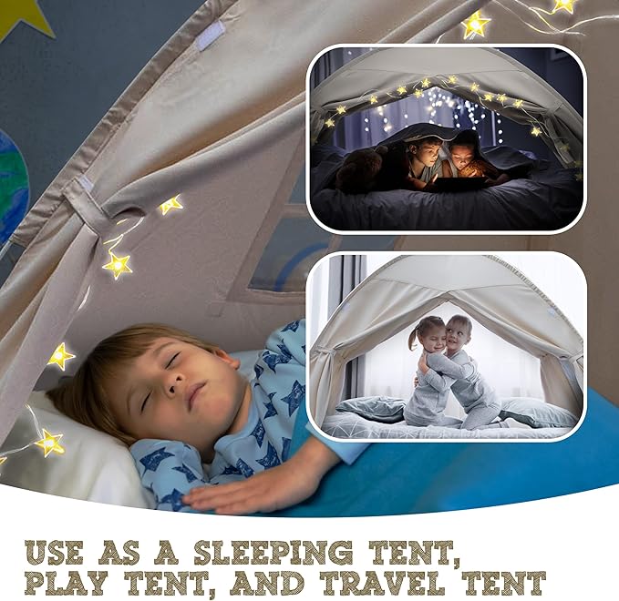 Beige Full Bed Tent for Kids Indoor Fort - Magical Dream Tents for Boys Pop Up Toddler Bed Canopy for Girls Bunk Bed Tent for Top Bunk - Sensory Sleep Pod for Kids Educational
