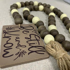 40" Handmade Farmhouse Bead Garland Wood with Tassel, Boho Chic Decorative String Beads Home Decor, Table Tiered Tray Country Wooden Accents (Serenity Natural: Be Still and Know, 0.63" Diameter)
