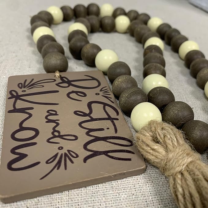 40" Handmade Farmhouse Bead Garland Wood with Tassel, Boho Chic Decorative String Beads Home Decor, Table Tiered Tray Country Wooden Accents (Serenity Natural: Be Still and Know, 0.63" Diameter)