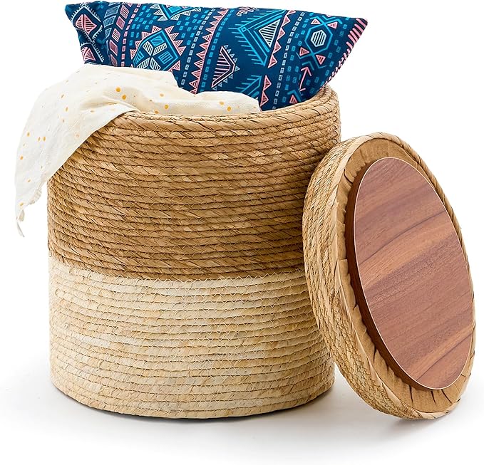 Wimarsbon Round Pouf Ottomans, Handwoven Natural Water Hyacinth Seagrass Pouffe,Outdoor Rattan Stool Accent Seat, Bohemian Coastal Home Decor (Storage - 14inch Natural Cattail & White Corn Shell)