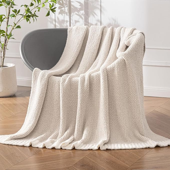 MIULEE Cream Super Soft Throw Blanket for Bed, Twin Size Cozy Fluffy Warm Blankets Knit Blankets for Couch, Sofa, Chair, Living Room, Camping, Picnic, 60 x 80 inch