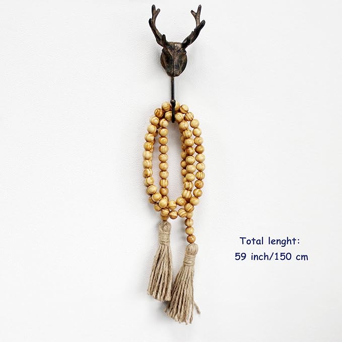 CVHOMEDECO. Wood Grain Beads Garland with Tassels Farmhouse Rustic Wooden Prayer Bead String Wall Hanging Accent for Home Festival Decor. Light Tan