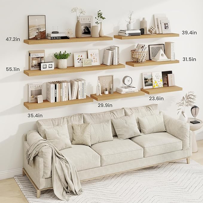 Fun Memories 40 Inch Deep Floating Shelves for Wall, 2 Pack of Wall Mounted Wood Shelves with Invisible Brackets for Bathroom, Bedroom, Kitchen Decor and Storage, Oak