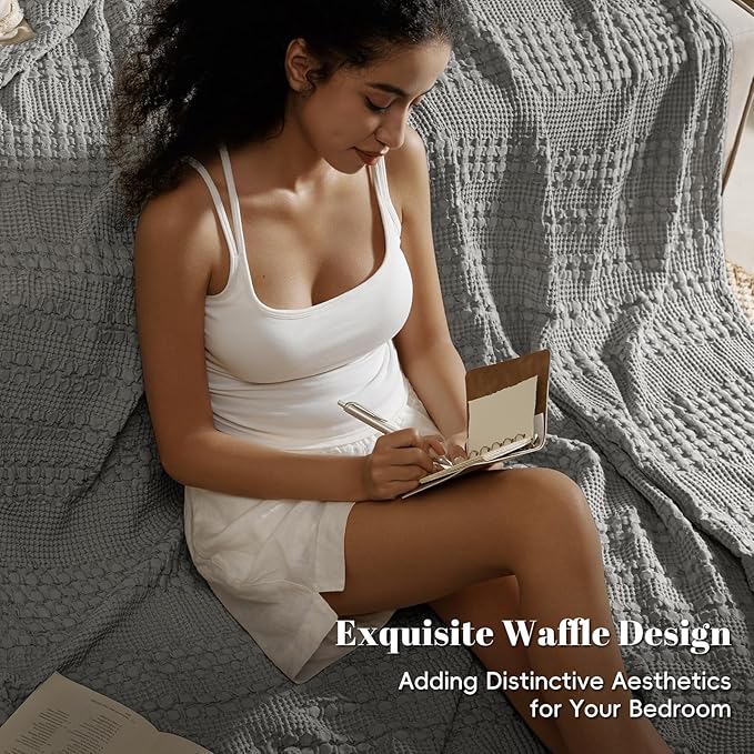 PHF 100% Cotton Waffle Weave Blanket King Size, Soft Lightweight Breathable Cozy Summer Blankets for Bed, Luxury Aesthetic Woven Bedding for Home Decor, 108"x90", Dark Grey