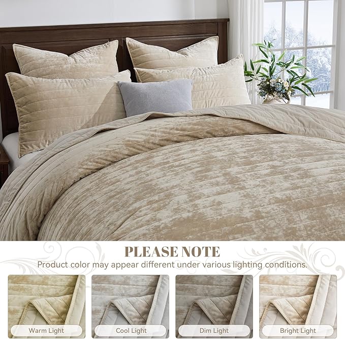 Qucover Queen/Oversized Queen Velvet Quilt and Sham Set, Luxury Velvet Comforter Bedding Set, Cream Beige Striped Quilt Bedspread, Ultra Soft Winter Coverlet for All Seasons