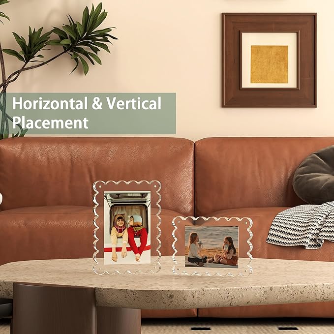 Opps Acrylic Picture Frame 4x6: 3 Pack Magnetic Picture Frames, Cute Wavy Double Sided Photo Frame, Clear Scalloped Picture Frame for Home Decor Display