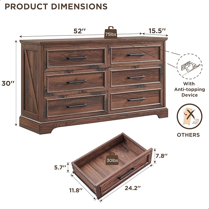 ACCOHOHO Farmhouse 6 Drawer Dresser for Bedroom, 52 Inch Wide Modern Dresser TV Stand with Large Drawers & Bar Handles, Rustic Wood Chest of Drawers for Bedroom, Living Room, Hallway, Brown