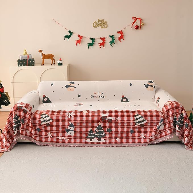 Chenille Armchair Sofa Slipcover Washable Furniture Protector Recliner Couch Cover 1-Piece Cushion Stain Resistant Chair Cover Soft Breathable Couch Cover Blanket, Red Plaid 71"x 71"