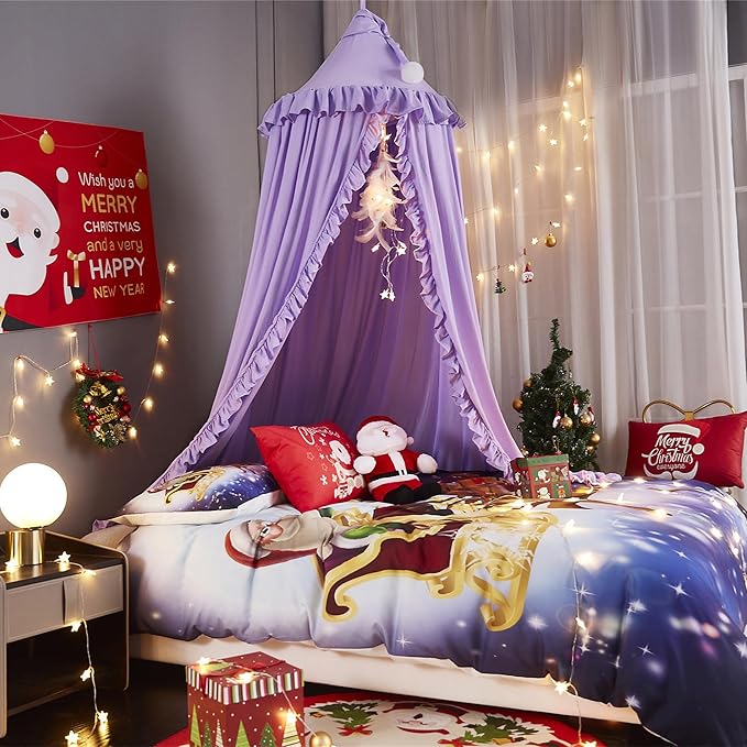 VETHIN Bed Canopy for Girls,Princess Round Dome Dreamy Mosquito Net Bedding Girls Room Castle Play Tent Hanging House Decor Reading Nook Canopies (Purple)