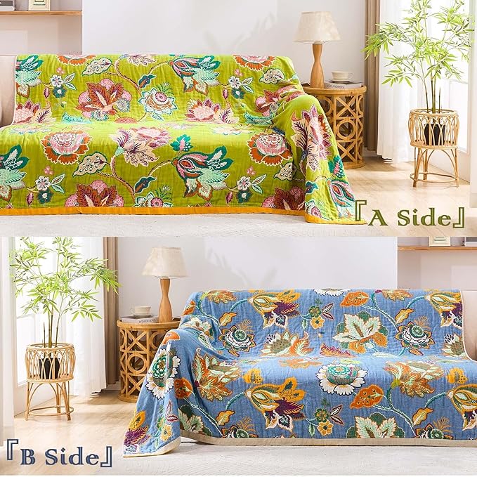 Fall Throw Blanket, 100% Cotton Soft Rustic Boho Throw Blanket for Bed, 90"x98" Farmhouse Decor Bed Flower Blankets, Light Weight Reversible Bohemian Throw Quilt