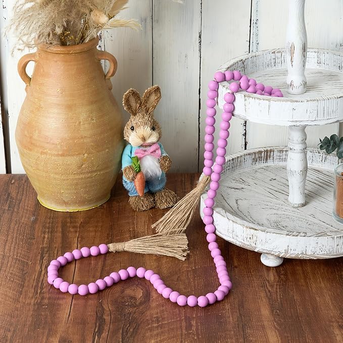 OMISHE 59in Wood Bead Garland with Tassels, Decorative Beads Decor, Farmhouse Wooden Beads Garland for Wall Hanging Home Festival Decor, Purple