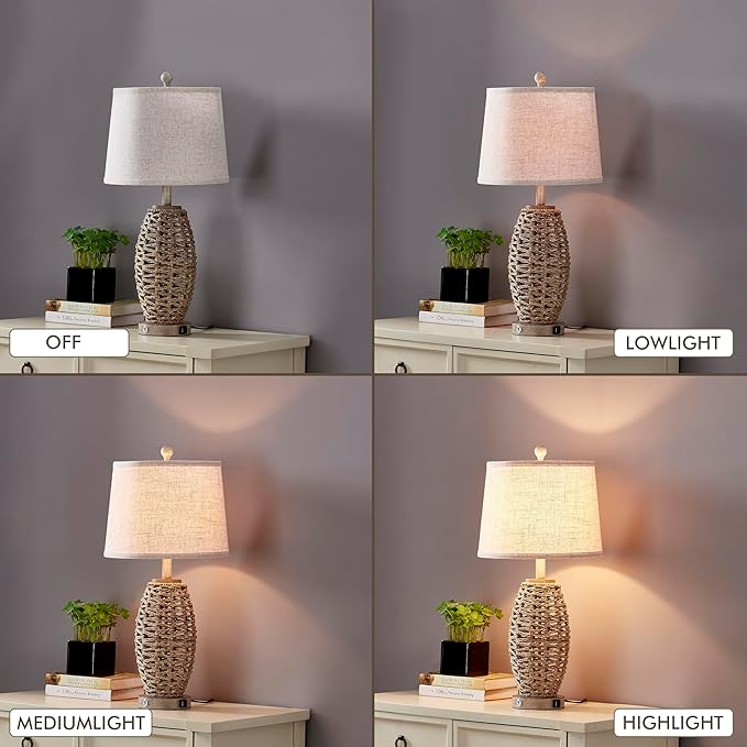 27” Natural Rattan Table Lamps Set of 2,Touch Switch,3-Way Dimmable Bedside Lamps, with A+C USB Charging Ports,Oatmeal Lampshade,Farmhouse Table Lamp for Bedroom, Living Room(2 Bulbs Included)
