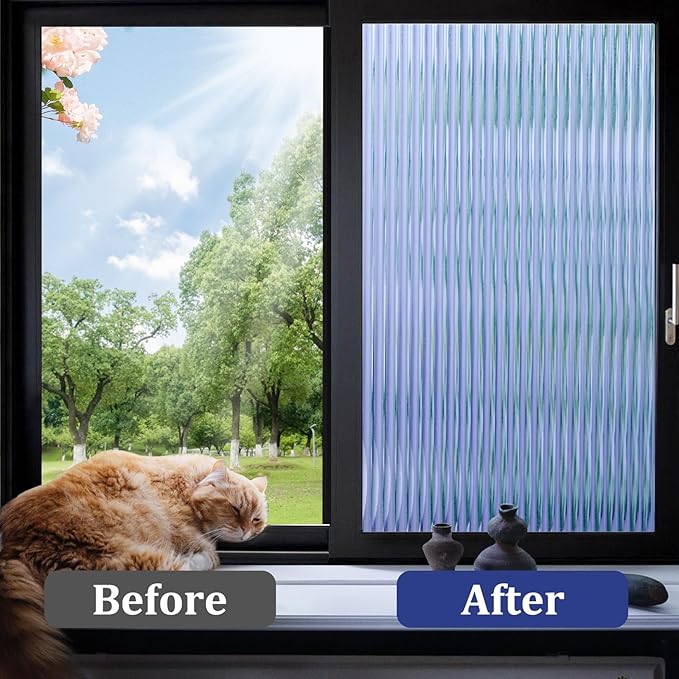 Beautyhero Window Privacy Film, Frosted Reeded Glass Cling, 3D Decorative Coverings with UV Blocking, Adhesive Stickers for Bathroom Doors Cabinet