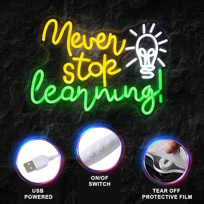 Never Stop Learning Neon Signs for Wall Decor Inspirational Letter Neon Lights Sign USB Powered Dimmable LED Personalized Neon Sign for Office Room, Gym Room, Man Cave, Gamer Room