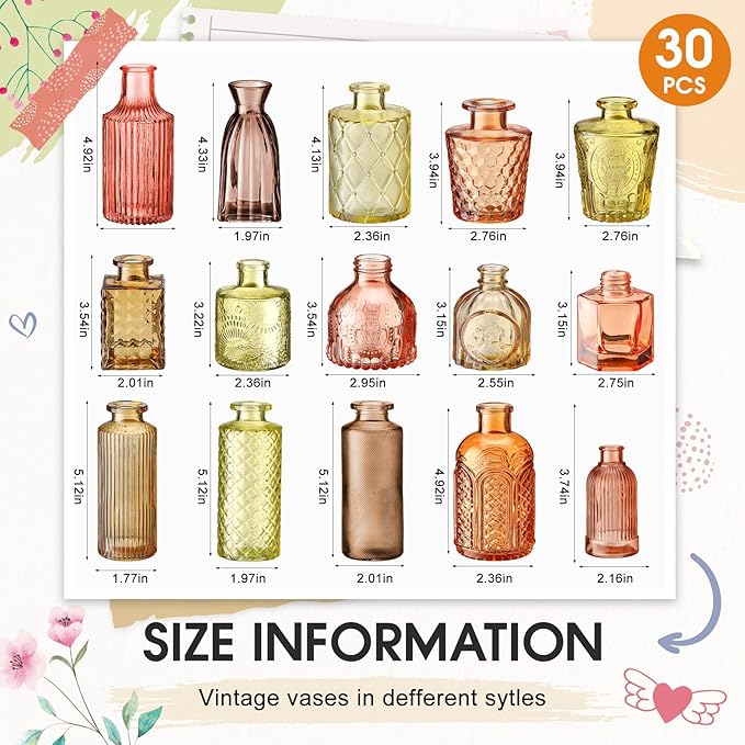 Yaomiao 30 Pcs Vases Bulk Colored Flower Glass Vases Bud Vintage Colored Glass Bottles Colorful Rustic Embossed for Home Wedding Table Decorations Gifts(Orange Yellow Series)