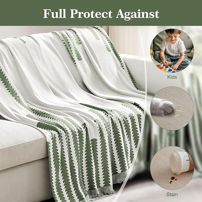 Couch Cover Boho for Dogs Washable Green Couch Covers for 2 Cushion Couch, Chenille Sectional Couch Covers L Shape Sofa Cover, Furniture Protector for Kids, Pets, Green 91" X150"