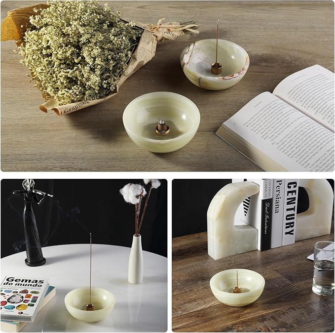 Koville Turkish Natural Marble Incense Holder, Incense Holders for Sticks, Sturdy Incense Burner Ideal for Meditation and Relaxing, Easy to Clean(Green Onyx)