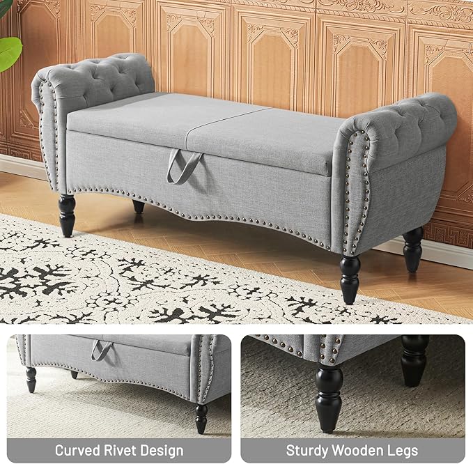 Furniliving 51.75" Storage Ottoman Bench for Living Room, Modern Bedroom Bench with Rolled Arm Upholstered End of Bed Bench Shoe Storage Bench Indoor Bench with Wood Legs Entryway Bench,Grey, Linen