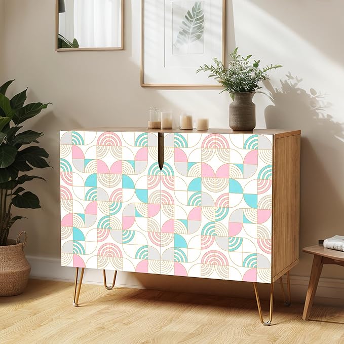 SIGNWIN Sideboard Buffet Cabinet, Kitchen Storage Cabinet with 2 Doors, Pastel Pink & Teal Polygon, Cupboard Console Table for Dining Room - 35" L x 18" W x 29" H