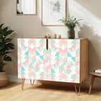 SIGNWIN Sideboard Buffet Cabinet, Kitchen Storage Cabinet with 2 Doors, Pastel Pink & Teal Polygon, Cupboard Console Table for Dining Room - 35" L x 18" W x 29" H
