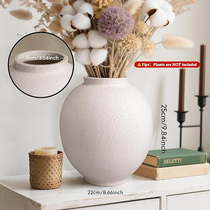 Large Ceramic Vase White Flower Vase,9.8 Inch Tall Big Vase for Home Decor,Minimalist Farmhouse Decorative Vase for Living Room,Dining Table,Bedroom,Kitchen,Entryway,Christmas