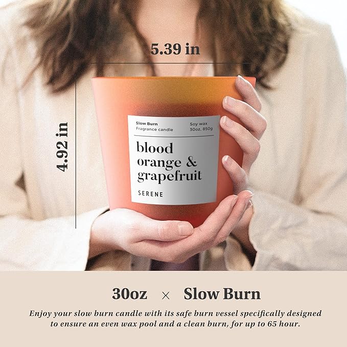 Hidden Label Large Scented Candle, Blood Orange & Grapefruit, 30oz 3 Wick Huge Candle, Serene Collection Slow Burn Natural Soy Candles for Home Scented