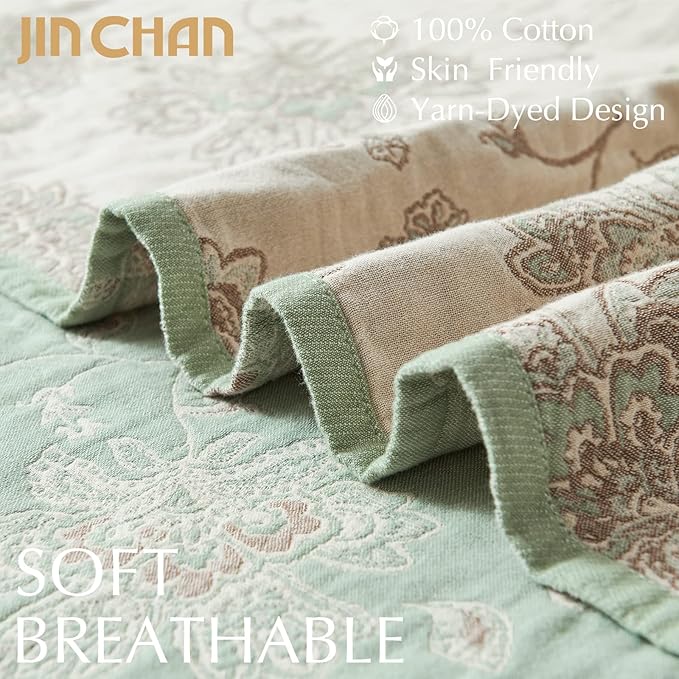 jinchan Boho 100% Cotton Muslin Twin Size 60x80 Inches Blanket Lightweight 4-Layer Quilted Soft Green and Beige Floral Throw Blanket Reversible Comfy Flower Breathable All Seasons Couch Bedroom Decor