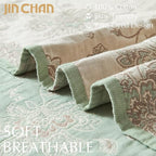 jinchan Boho 100% Cotton Muslin Twin Size 60x80 Inches Blanket Lightweight 4-Layer Quilted Soft Green and Beige Floral Throw Blanket Reversible Comfy Flower Breathable All Seasons Couch Bedroom Decor