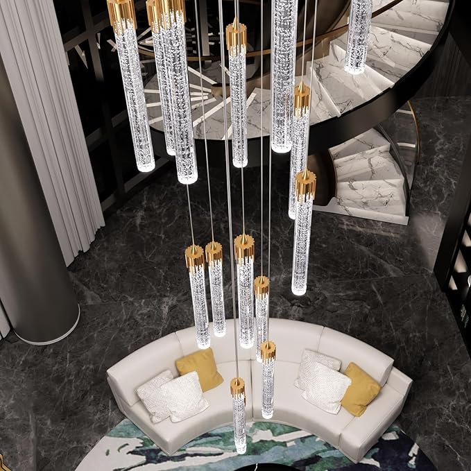 H125'' Modern Crystal Chandeliers for Entryway 18-Lights LED Dimmable Chandeliers Lighting Fixture Large Pendant Light for Staircaes Living Room Villa