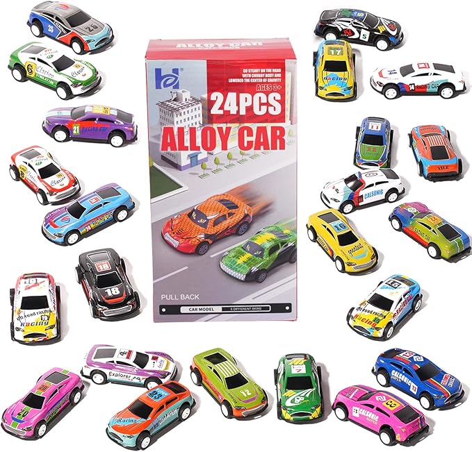 2.7 inch Pull Back Cars Toys Set, 24 Pack Friction Power Alloy Casting car Mini Race car, Suitable for Toddler 3 4 5 6 Year Old Kids Toy, Boys and Girls Birthday Party Gifts Easter Egg Stuffing