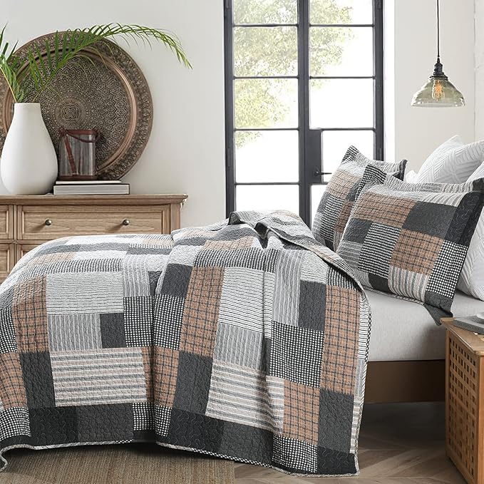 Y-PLWOMEN Quilts Queen Size - 3 Piece Cotton Quilt Set, Lightweight Bedspreads, Farmhouse Plaid, Reversible, All Season, Grey, Black, Brown, White
