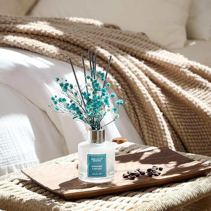 Airkeep Reed Diffuser Set,3.38 fl oz (100 ml) - Ocean Mist&Sea Salt Oil Diffusers with 8 Reed Sticks,Home Fragrance Reed Diffuser for Bathroom Shelf Decor