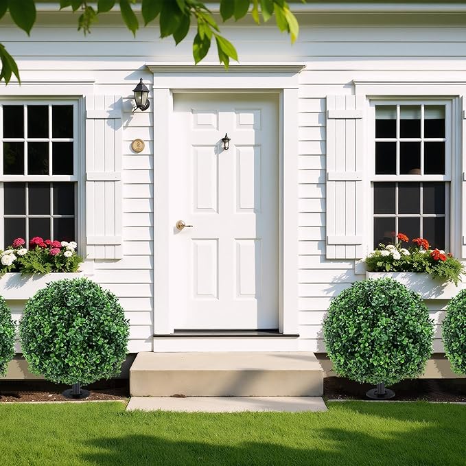 Artificial Boxwood Topiary Ball Trees with Ground Spikes UV Resistant Faux Greenery Shrubs Fake Shrubs for Outdoors, Realistic Faux Plants Bushes for Garden Porch Yard Patio Decor (Green Boxwood)