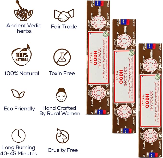 Satya Oodh Incense Sticks, Satya Bng Insenses 15gmx12 Pack with Raajsee Incense Holder Bundle, Satya Nagchampa Natural Incense