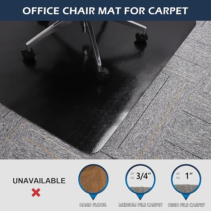 SALLOUS Office Chair Mat for Carpet, 48in x 36in Heavy Duty, Gaming Chair Mat with Grips, Rolling Desk Chair Floor Mat for Home Office (Black, Extended Lip)