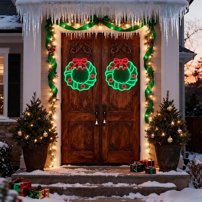 Christmas Cartoon wreath Neon Sign,USB Powered Neon Light Sign LED Signs for Wall Light Up Signs for Home Party,Bedroom,Dining Room,Living Room,Fireplace (And Christmas Mystery Blind Bag)