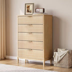 LINSY HOME Fluted Dresser for Bedroom with 5 Drawers, 46" Tall Mid Century Modern Dressers, Wide Boho Chest of Drawers, Large Wood Accent Storage Cabinet for Living Room, Curved Profile Design, Oak