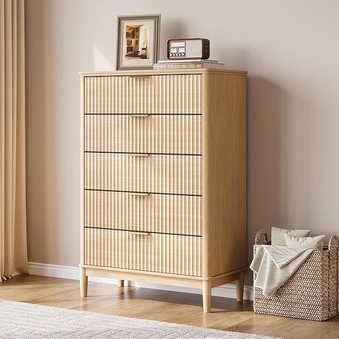 LINSY HOME Fluted Dresser for Bedroom with 5 Drawers, 46" Tall Mid Century Modern Dressers, Wide Boho Chest of Drawers, Large Wood Accent Storage Cabinet for Living Room, Curved Profile Design, Oak