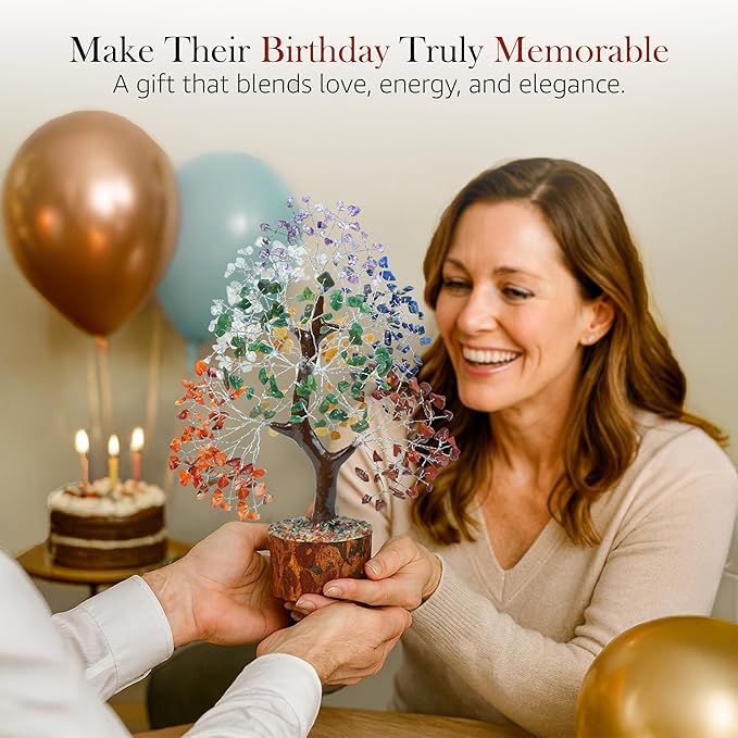 Crocon Seven Chakra Gemstone Tree Feng Shui Figurine Money Bonsai Good Luck Reiki Healing Crystals Balancing Decoration Ornament Sculpture Wealth Prosperity Table Room Decor Gift Size 10-12"