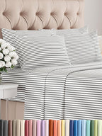 King Sheets Set 6 Piece - Includes 4 Pillowcases - Bed Sheets King Size - Soft Hotel Luxury Bedding - Cooling, Comfy & Breathable - 1 Flat & 1 Fitted & 4 Pillowcases w/ Deep Pockets - Grey Stripes