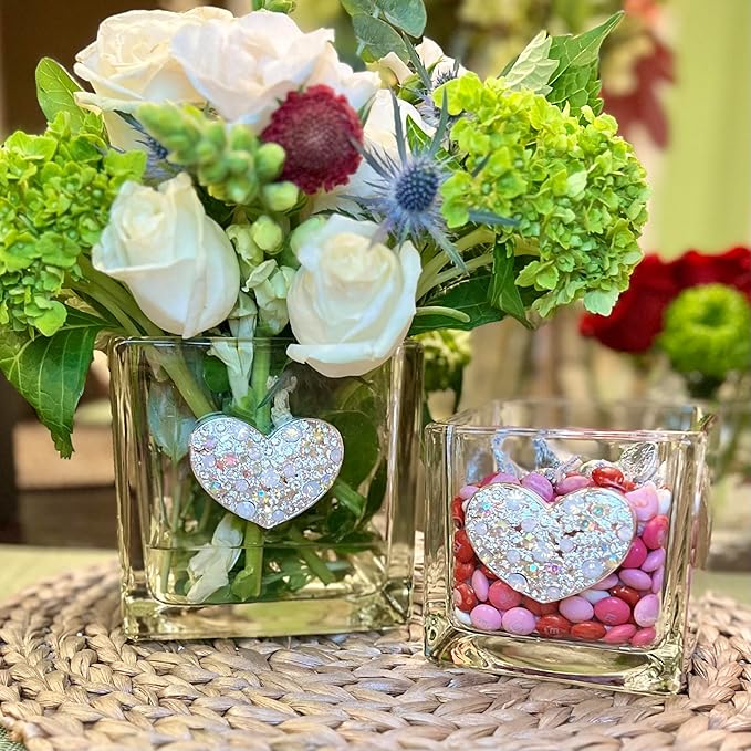 THE QUEENS' JEWELS Multi Stone Heart Jewled 4x4 Candleholder Vase - Unique Gift for Women, Birthday, Cute, Fun, Not Painted, Decorated, Bling, Bedazzled, Rhinestone